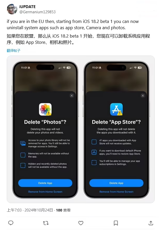 禅城苹果手机维修分享iOS 18.2 支持删除 App Store 应用商店 