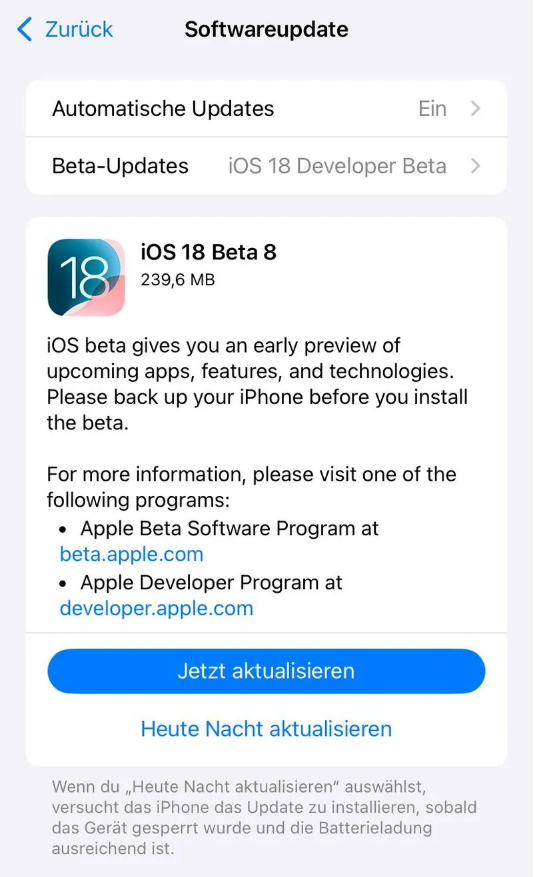 禅城苹果手机维修分享苹果 iOS / iPadOS 18 开发者预览版 Beta 8 发布 